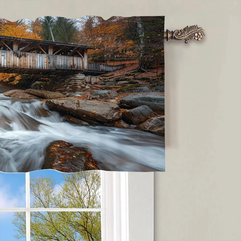 1 Panel Bridge Forest Valances for Windows, Autumn Rustic Jungle Stream Rod Pocket Valance Curtains Home Decor Window Treatment for Kitchen/Living Room, 54" W X 18" L