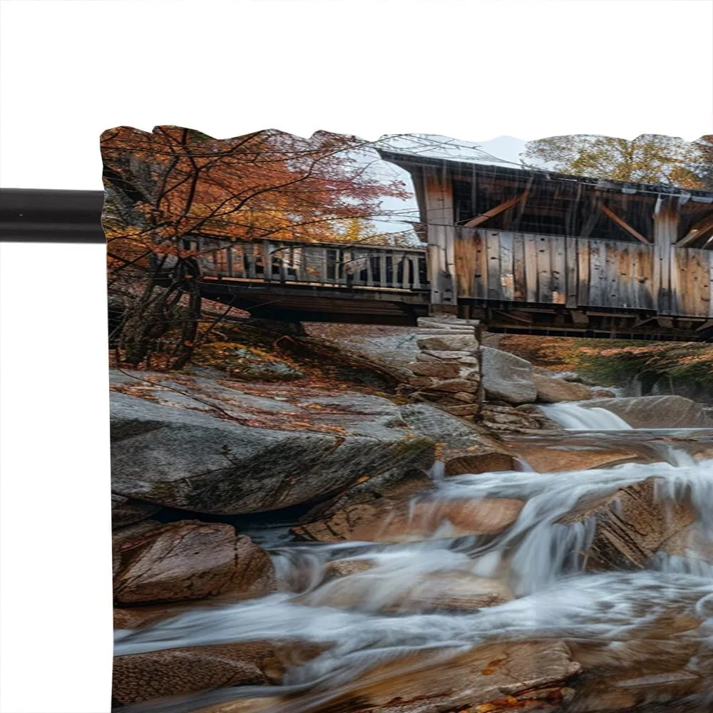 1 Panel Bridge Forest Valances for Windows, Autumn Rustic Jungle Stream Rod Pocket Valance Curtains Home Decor Window Treatment for Kitchen/Living Room, 54" W X 18" L