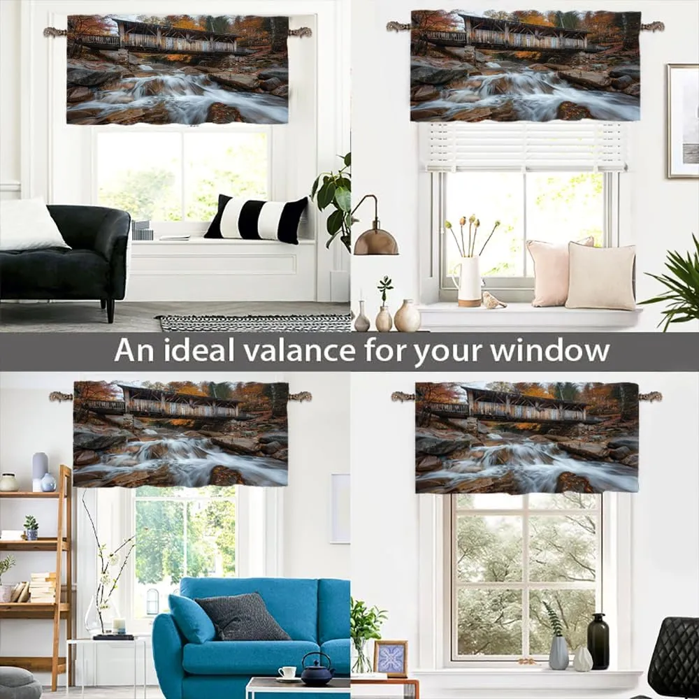 1 Panel Bridge Forest Valances for Windows, Autumn Rustic Jungle Stream Rod Pocket Valance Curtains Home Decor Window Treatment for Kitchen/Living Room, 54" W X 18" L