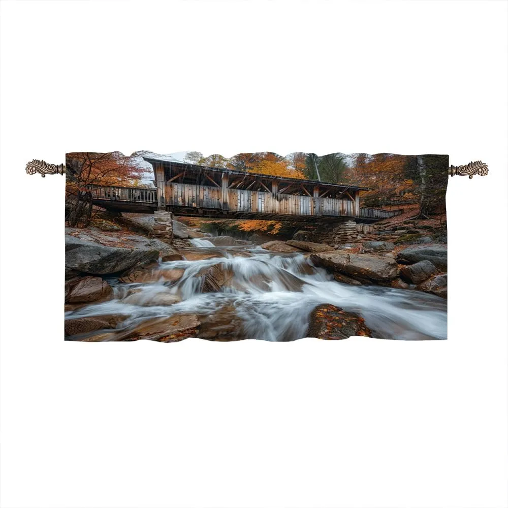 1 Panel Bridge Forest Valances for Windows, Autumn Rustic Jungle Stream Rod Pocket Valance Curtains Home Decor Window Treatment for Kitchen/Living Room, 54" W X 18" L