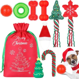 10 Pcs Christmas Dog Toys Gifts with Hat Drawstring Bag Puppy Chew Toys Includes Squeaky Toys Dog Rope Toys Plastic Dog Teething Toys Dog Christmas Stocking for Small Medium Dogs Pet