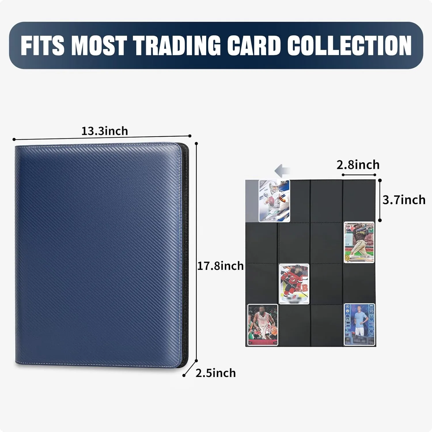 1000  Pockets Trading Card Binder, 16 Pocket Ringless Card Binder Album Folder - Premium Side Loading Zip Binder for Yu-Gi-Oh, TCG, Sports, Game Trading Cards -Navyblue