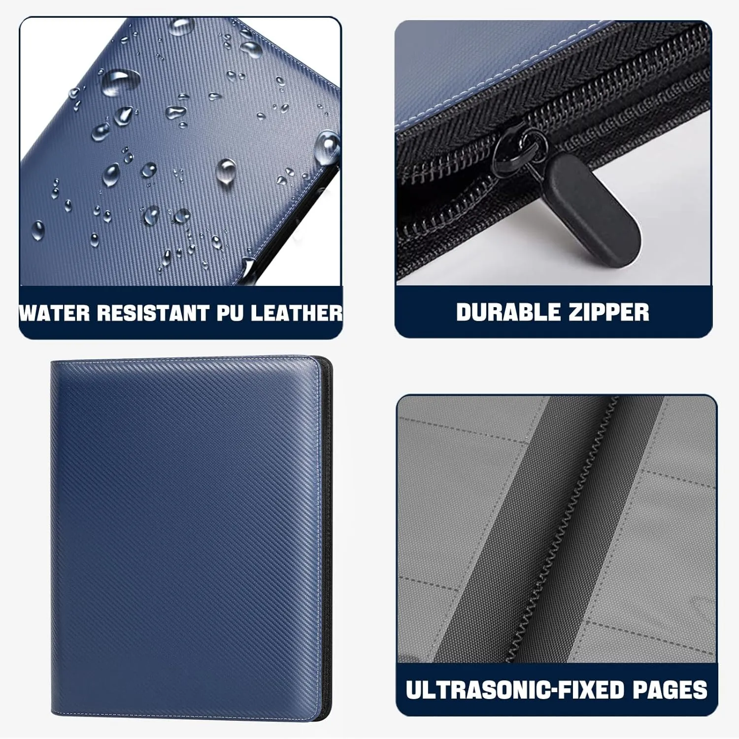 1000  Pockets Trading Card Binder, 16 Pocket Ringless Card Binder Album Folder - Premium Side Loading Zip Binder for Yu-Gi-Oh, TCG, Sports, Game Trading Cards -Navyblue