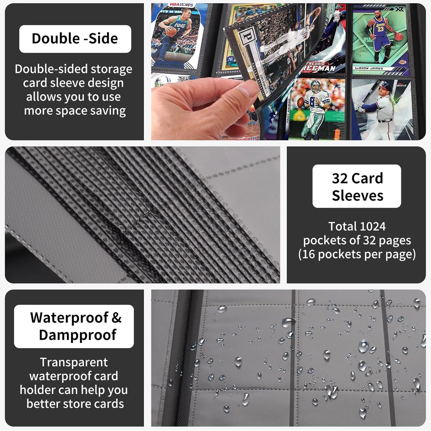 1000  Pockets Trading Card Binder, 16 Pocket Ringless Card Binder Album Folder - Premium Side Loading Zip Binder for Yu-Gi-Oh, TCG, Sports, Game Trading Cards -Navyblue