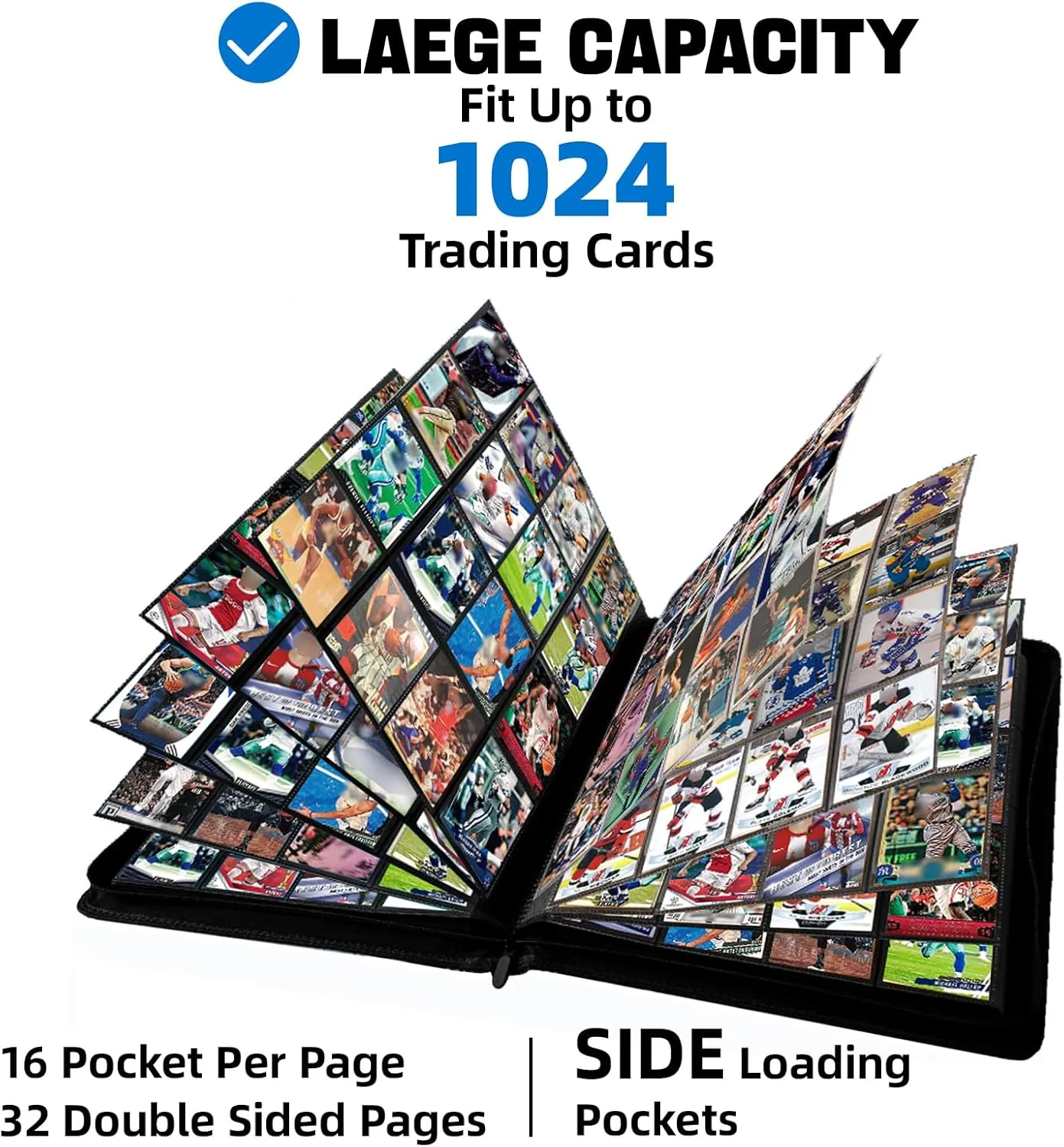 1000  Pockets Trading Card Binder, 16 Pocket Ringless Card Binder Album Folder - Premium Side Loading Zip Binder for Yu-Gi-Oh, TCG, Sports, Game Trading Cards -Navyblue