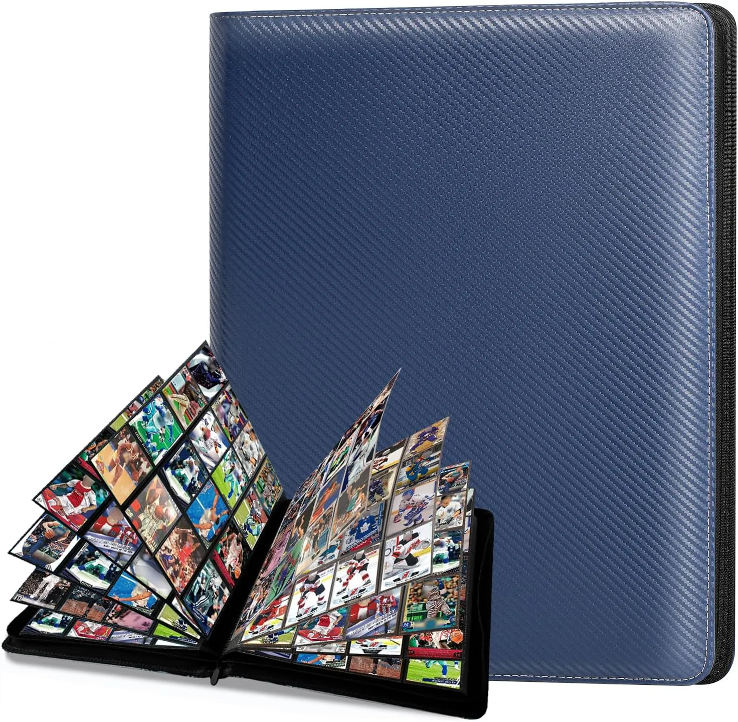 1000  Pockets Trading Card Binder, 16 Pocket Ringless Card Binder Album Folder - Premium Side Loading Zip Binder for Yu-Gi-Oh, TCG, Sports, Game Trading Cards -Navyblue