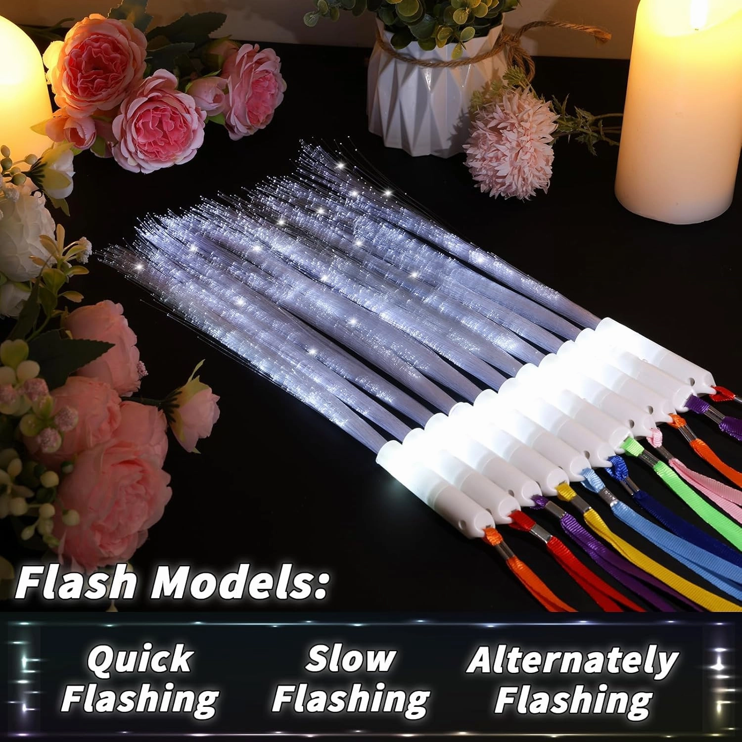 100 Pack White Fiber Optic Wand Glow Wand LED Light Up Wand Bulk with 3 Flashing Models Flashing Sticks for Glow in The Dark Birthday Party Favor Wedding Halloween Christmas, 8 Colors