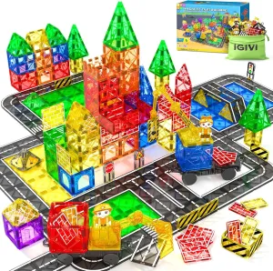 106PCS Magnetic Tiles Construction Set - STEM Magnet Building Blocks with Excavator & Crane - Educational Toys Games for Kids Ages 3-12 - Toddler Toys Gifts for Boys and Girls