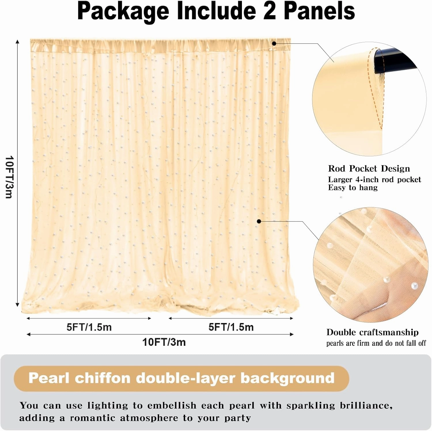 10 * 8FT Beige Pearl Tulle Double Layered Backdrop Curtain with Lights String and Lining Fabric for Wedding Baby Shower Birthday Parites Photo Decorations
