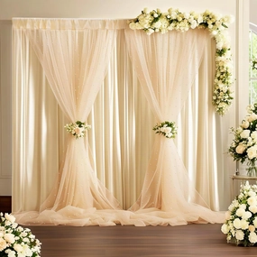 10 * 8FT Beige Pearl Tulle Double Layered Backdrop Curtain with Lights String and Lining Fabric for Wedding Baby Shower Birthday Parites Photo Decorations