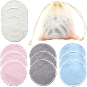 10pcs Reusable Makeup Remover Pads Soft Bamboo Cotton Rounds for Face Washable Cleansing Cloths with Mesh Laundry Bag for Facial Skincare and Eye Makeup Removal (Mix)