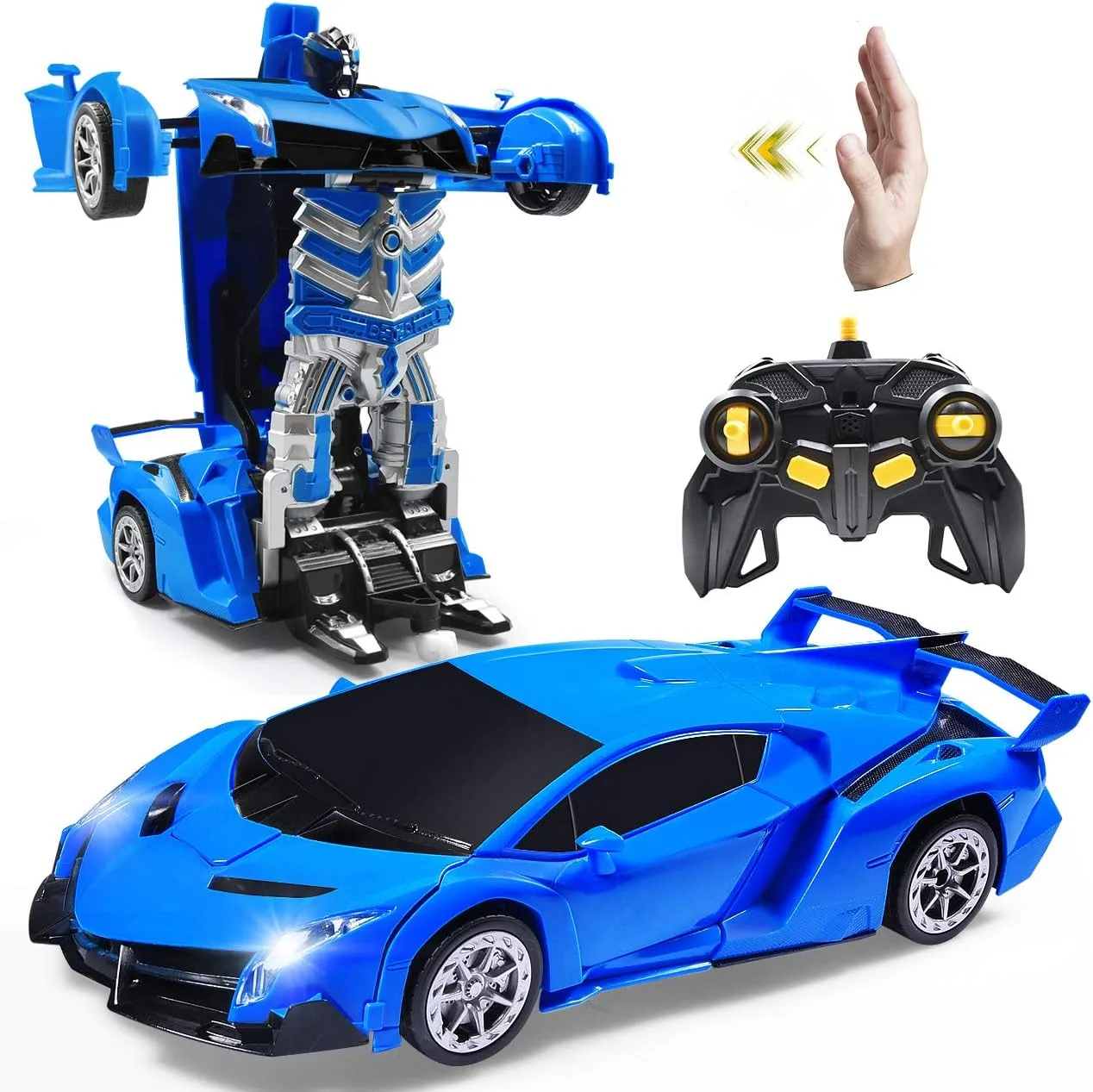 1:14 RC Cars Robot for Kids, Transformrobot Racing Toys, Gesture Sensing Remote Control Car with One-Button Deformation Auto Demo, 360° Rotation Light Music Car Best Gift for Boys Girls (Blue)