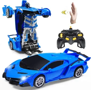 1:14 RC Cars Robot for Kids, Transformrobot Racing Toys, Gesture Sensing Remote Control Car with One-Button Deformation Auto Demo, 360° Rotation Light Music Car Best Gift for Boys Girls (Blue)