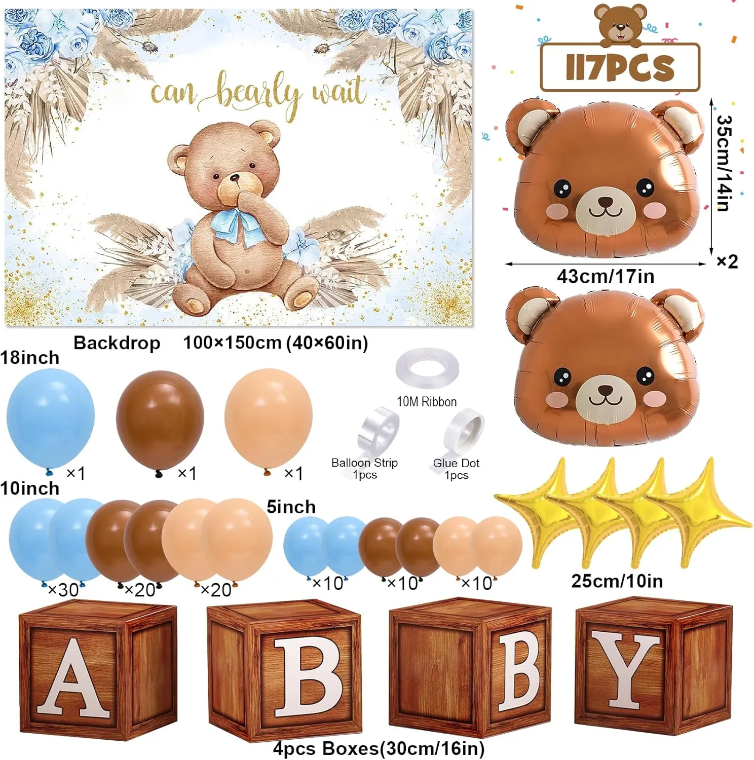 117 Teddy Bear Baby Shower Decorations for Boy Birthday Supplies Brown Blue Balloon Garland Kit Wood Grain Boxes with Letters Bearly Wait Backdrop Bear Theme Baby Shower Decor