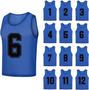 12 Pack（1-12） Numbered Pinnies/Soccer Training Bibs/Basketball Jerseys for Kids,Youth and Adults
