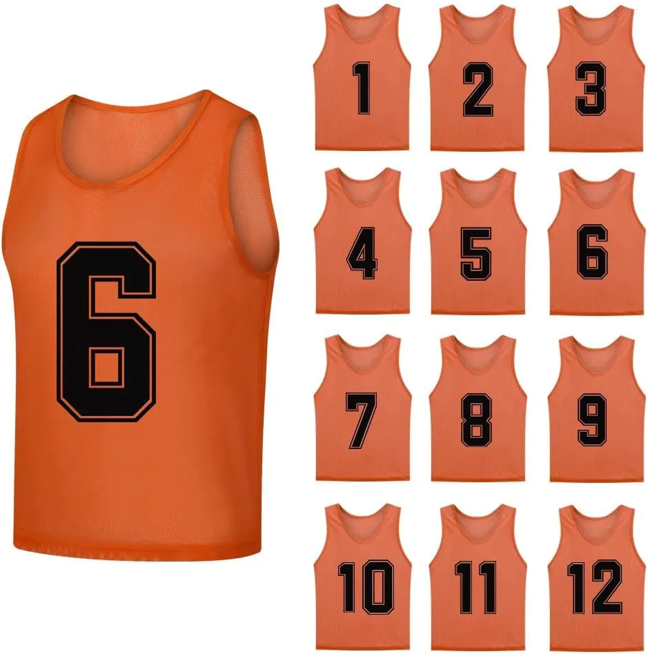12 Pack（1-12） Numbered Pinnies/Soccer Training Bibs/Basketball Jerseys for Kids,Youth and Adults