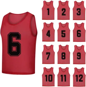 12 Pack（1-12） Numbered Pinnies/Soccer Training Bibs/Basketball Jerseys for Kids,Youth and Adults