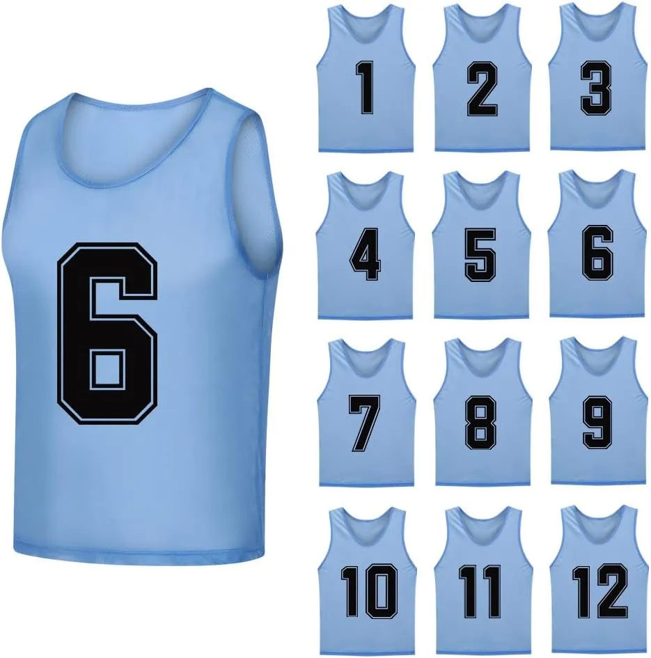 12 Pack（1-12） Numbered Pinnies/Soccer Training Bibs/Basketball Jerseys for Kids,Youth and Adults