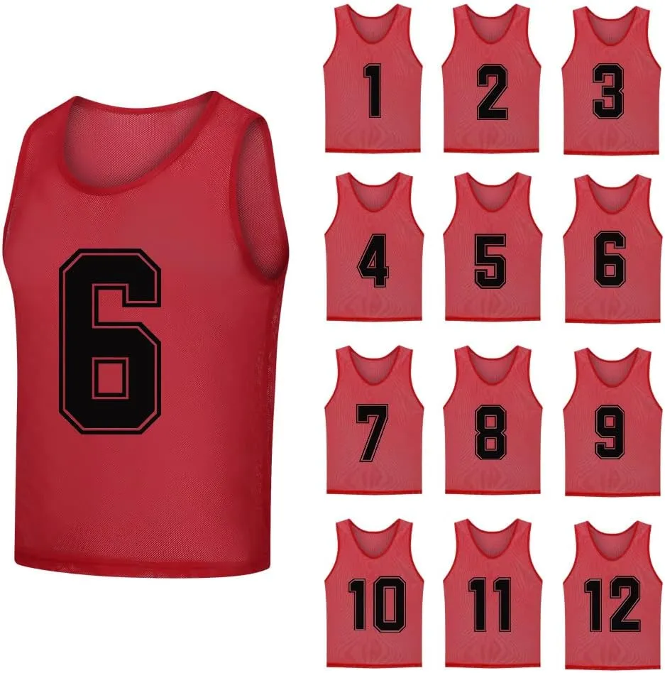 12 Pack（1-12） Numbered Pinnies/Soccer Training Bibs/Basketball Jerseys for Kids,Youth and Adults