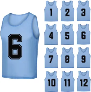 12 Pack（1-12） Numbered Pinnies/Soccer Training Bibs/Basketball Jerseys for Kids,Youth and Adults