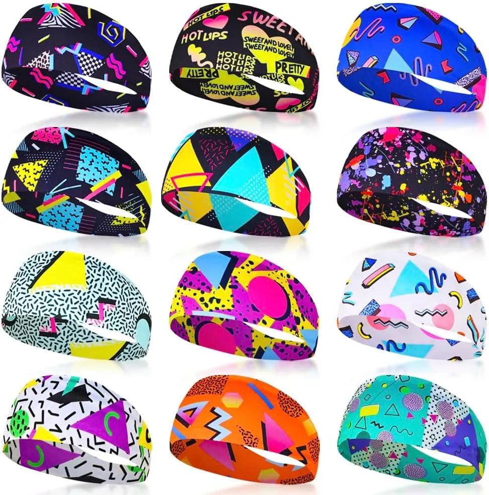 12 Pcs 80s 90s Retro Vintage Headbands Memphis Sweatbands Scarfs for Men Women Neon Soft Athletic Sweatband Headbands Wicking Elastic Hairband for Travel Party Hiking Cycling Running