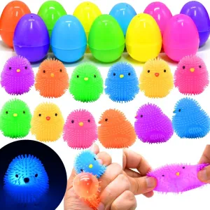 12 Pcs Easter Eggs Filled Chick LED Puffer Balls, Kids Stress Relief Toys Easter Hunt Fillers Light Up Basket Stuffers for Party Favor