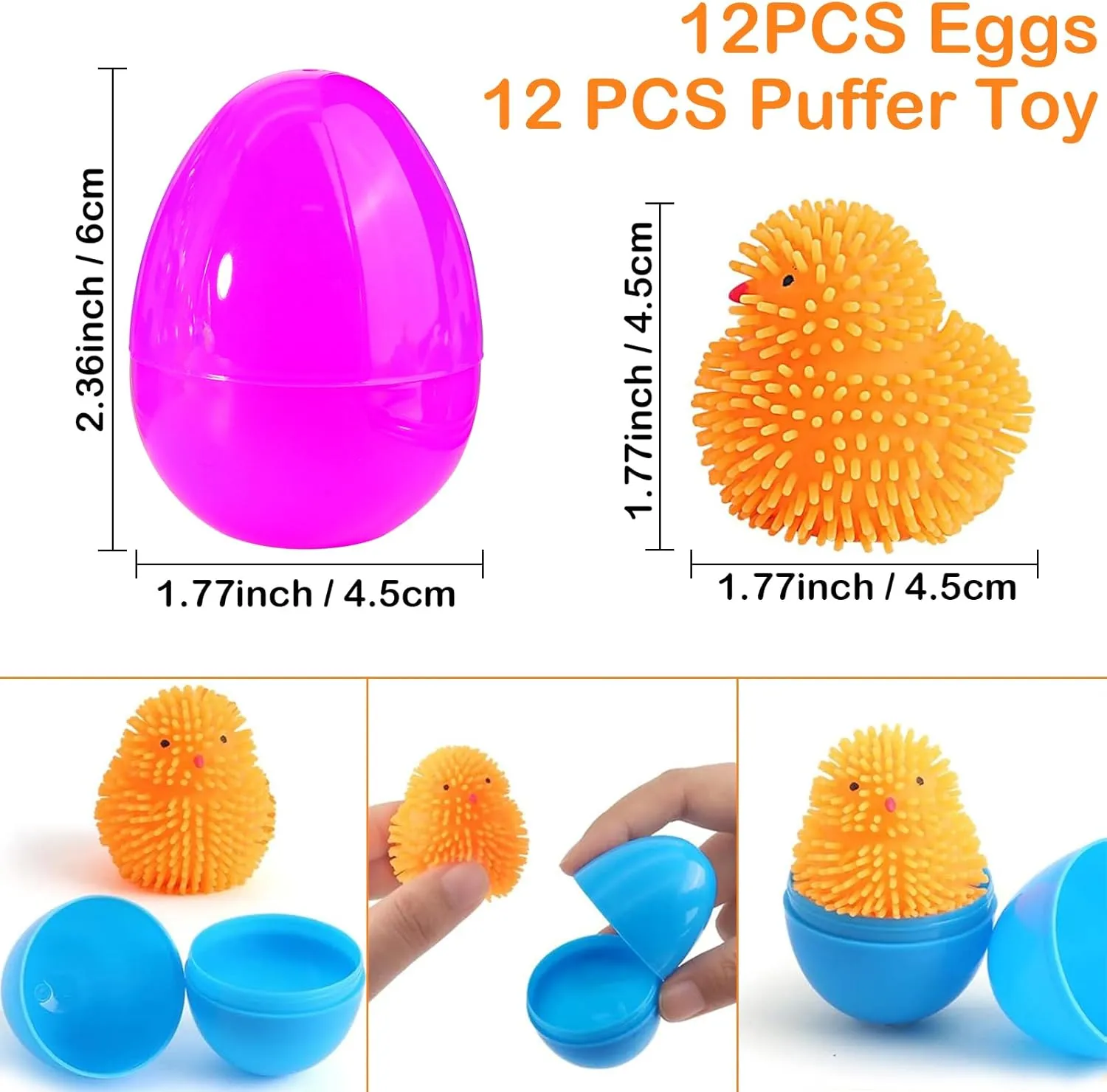 12 Pcs Easter Eggs Filled with LED Chick Puffer Balls, Easter Basket Stuffers with Light Up Stress Relief Fidget Toys Squeeze Ball for Kids Boys Girls Party Favor Easter Egg Hunt Fillers