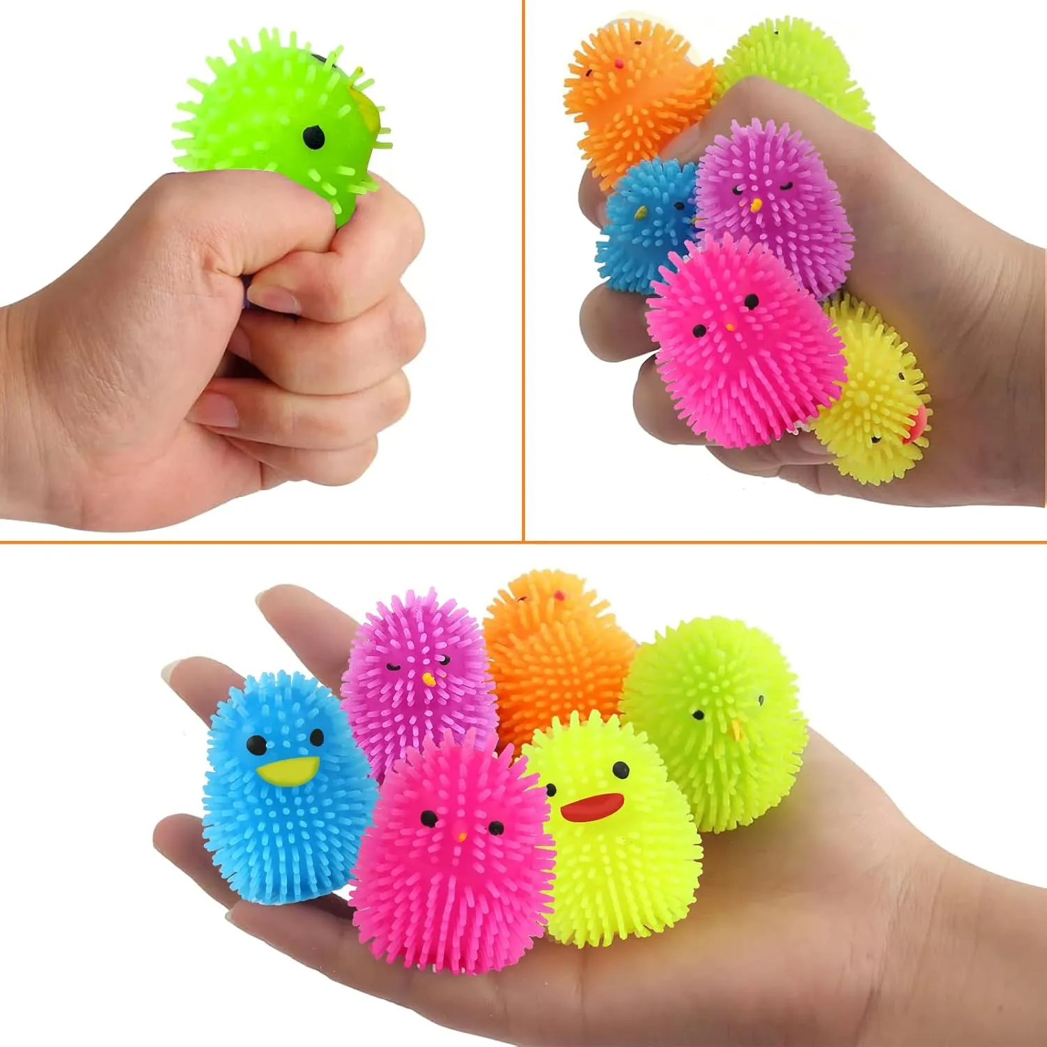 12 Pcs Easter Eggs Filled with LED Chick Puffer Balls, Easter Basket Stuffers with Light Up Stress Relief Fidget Toys Squeeze Ball for Kids Boys Girls Party Favor Easter Egg Hunt Fillers