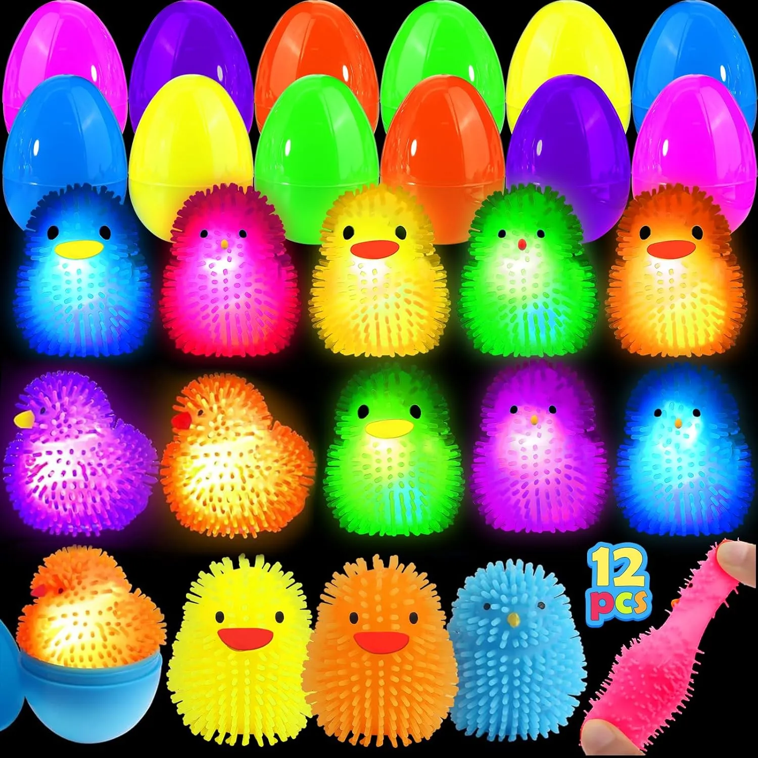 12 Pcs Easter Eggs Filled with LED Chick Puffer Balls, Easter Basket Stuffers with Light Up Stress Relief Fidget Toys Squeeze Ball for Kids Boys Girls Party Favor Easter Egg Hunt Fillers