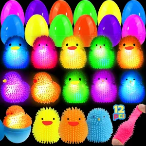 12 Pcs Easter Eggs Filled with LED Chick Puffer Balls, Easter Basket Stuffers with Light Up Stress Relief Fidget Toys Squeeze Ball for Kids Boys Girls Party Favor Easter Egg Hunt Fillers