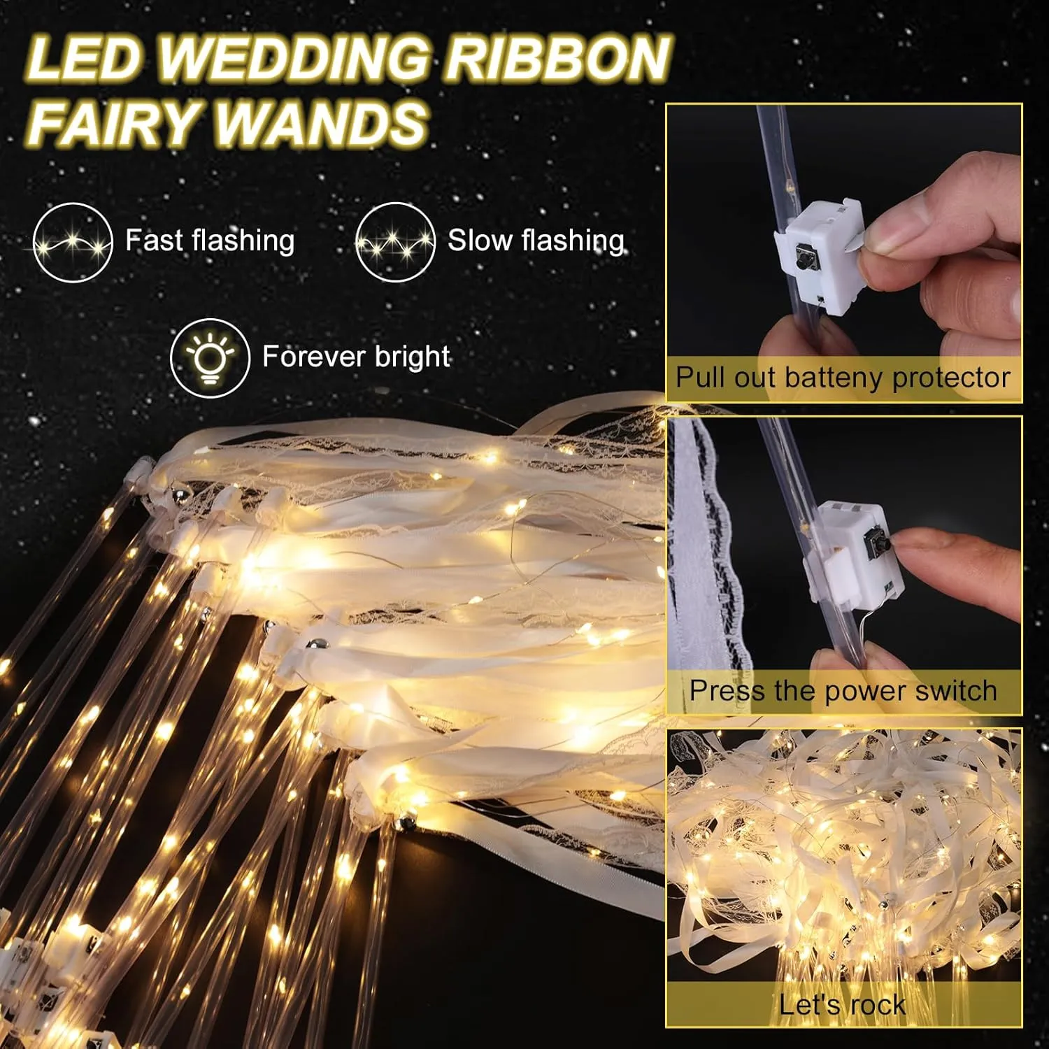 120 Pieces Wedding Wands with LED Multi Mode Light up Wands Silk Fairy Glow Ribbon Streamers with Bells for Wedding New Year Graduation Concert Raves Birthday (120 PCS)