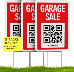 12" x 17" Garage Sale Sign With Stakes (Plastic, 3-Pack) – Direct Buyers Easily | Advertise Your Event & Items Online | Reusable, Weatherproof, Double-Sided | App Included