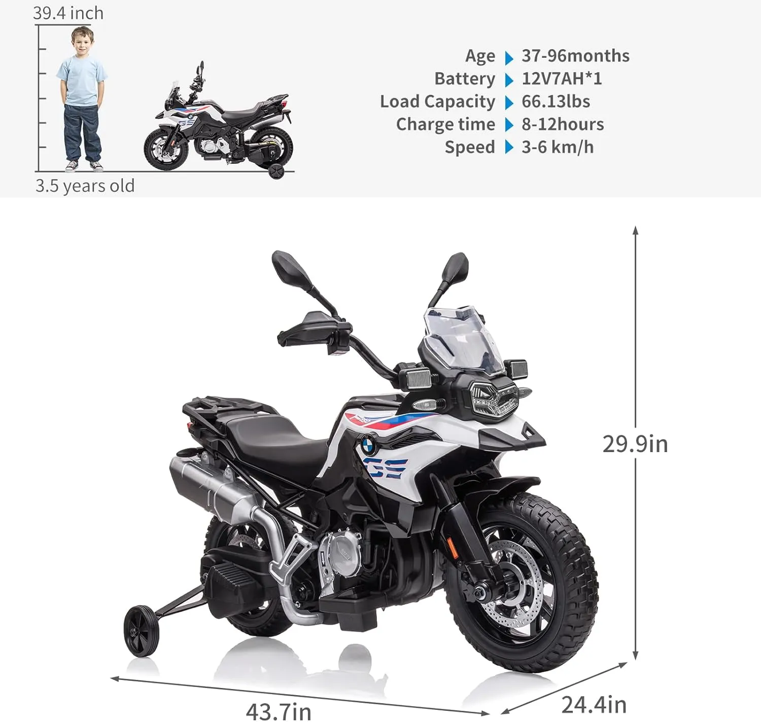 12V 7AH Kids Ride on Motorcycle Licensed BMW Electric Motorcycle Toy for Toddlers with High/Low Speed, EVA Tire, LED Headlights, Spring Suspension, Music Ride on Car for Boys and Girls, White