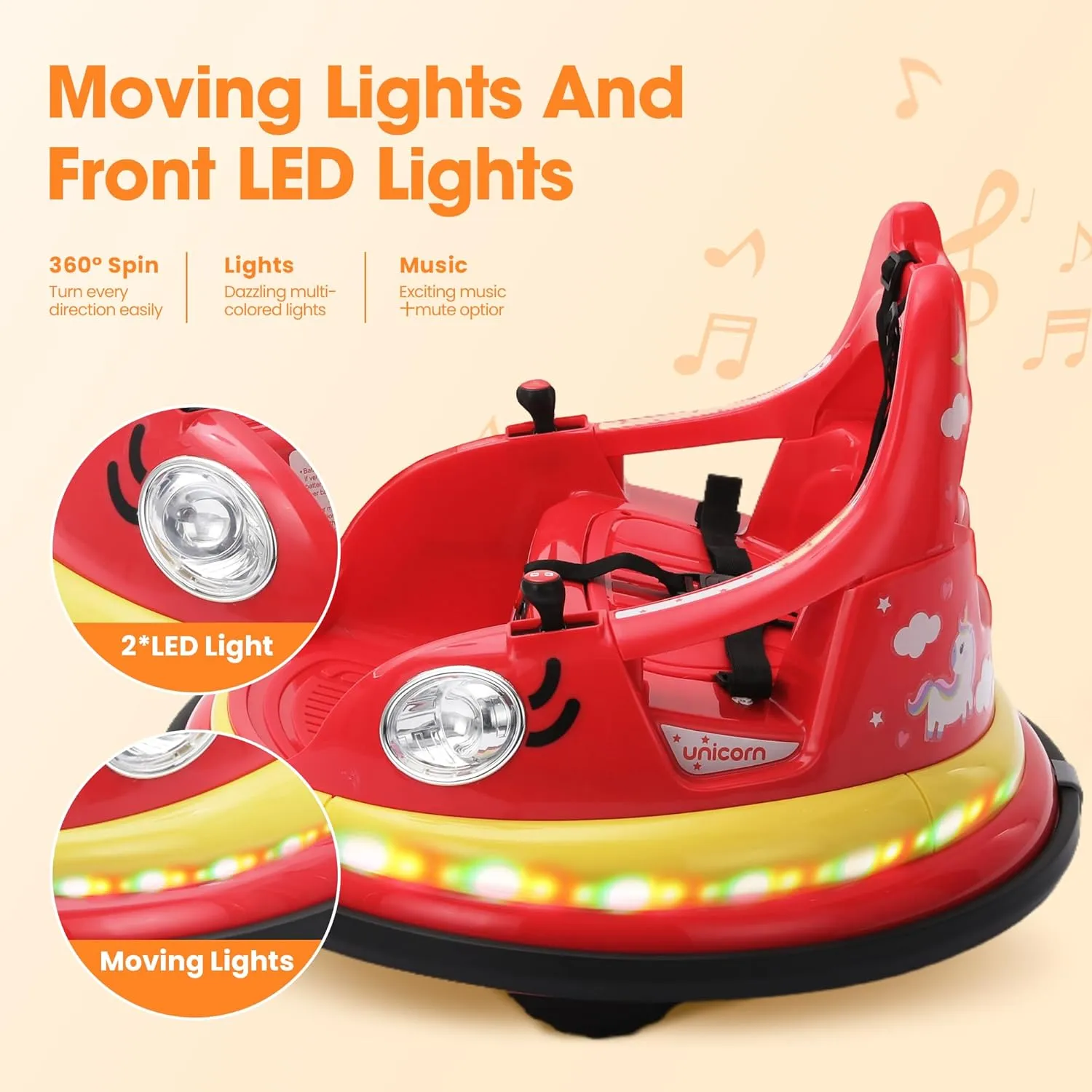 12V Electric Ride On Bumper Car for Toddler & Kids Ages 1.5-6 Years with Remote Control, 2PCS DIY Stickers, 360 Degree Spin, Lights, Sounds, Red