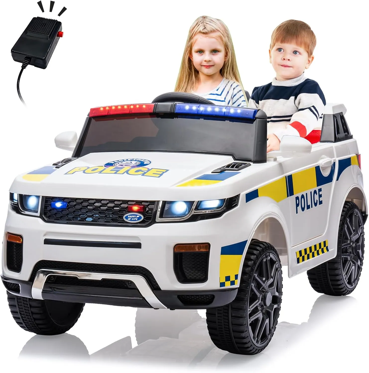 12V Kids Ride On Police Car SUV Battery Operated Ride On Toy Toddlers Electric Cars with 2.4G Remote Control, LED Flashing Light, Megaphone, Spring Suspension, Handle, Music, White