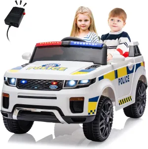 12V Kids Ride On Police Car SUV Battery Operated Ride On Toy Toddlers Electric Cars with 2.4G Remote Control, LED Flashing Light, Megaphone, Spring Suspension, Handle, Music, White