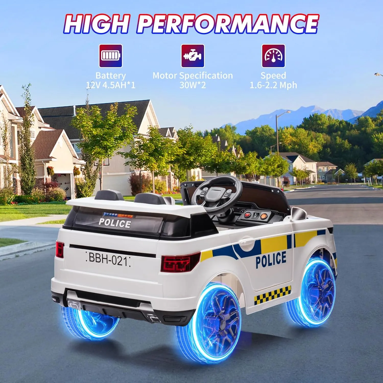 12V Kids Ride On Police Car SUV Battery Operated Ride On Toy Toddlers Electric Cars with 2.4G Remote Control, LED Flashing Light, Megaphone, Spring Suspension, Handle, Music, White