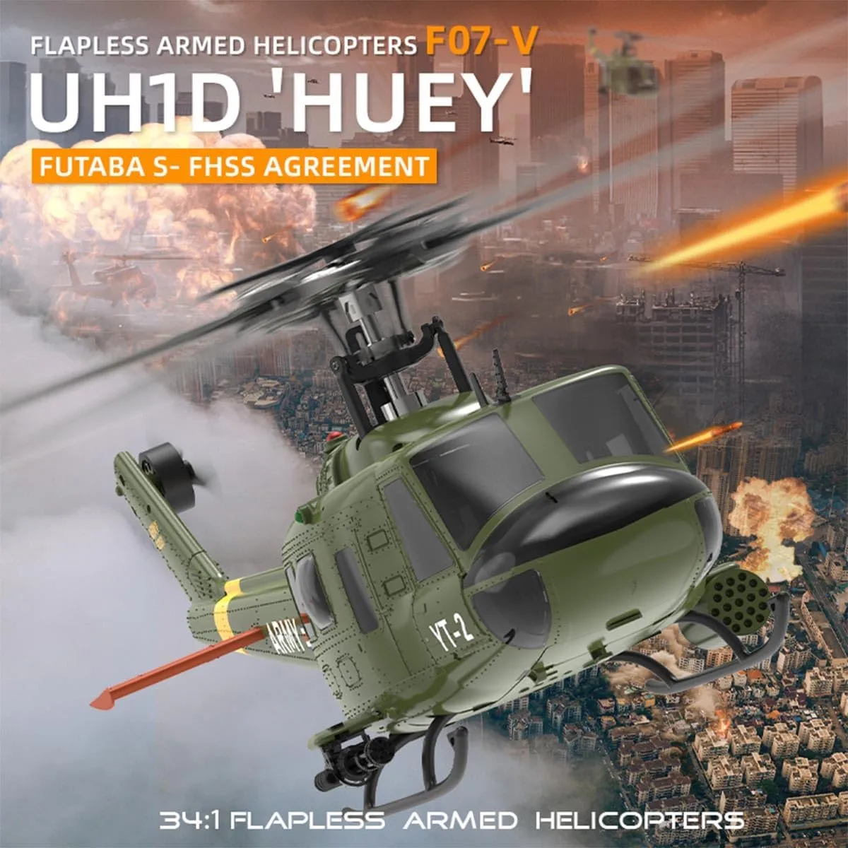 1/34 F07-V UH-1 RC Helicopter for Adults, 2.4G 6CH Brushless Direct-Drive Flybarless Military Remote Control Helicopter Mode 1/Mode 2 Switchable, RC Aircraft Toy Gift -RTF