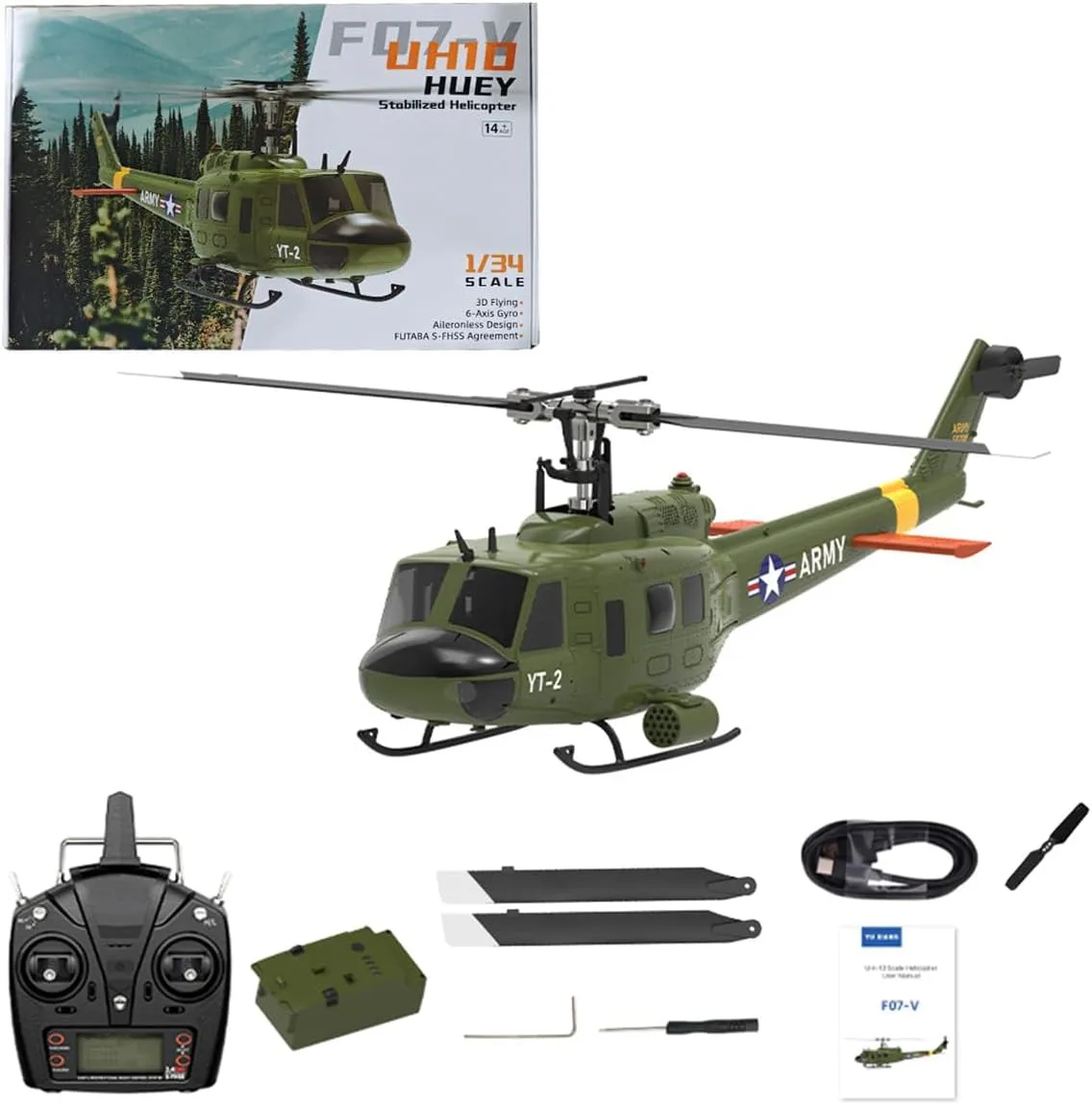 1/34 F07-V UH-1 RC Helicopter for Adults, 2.4G 6CH Brushless Direct-Drive Flybarless Military Remote Control Helicopter Mode 1/Mode 2 Switchable, RC Aircraft Toy Gift -RTF
