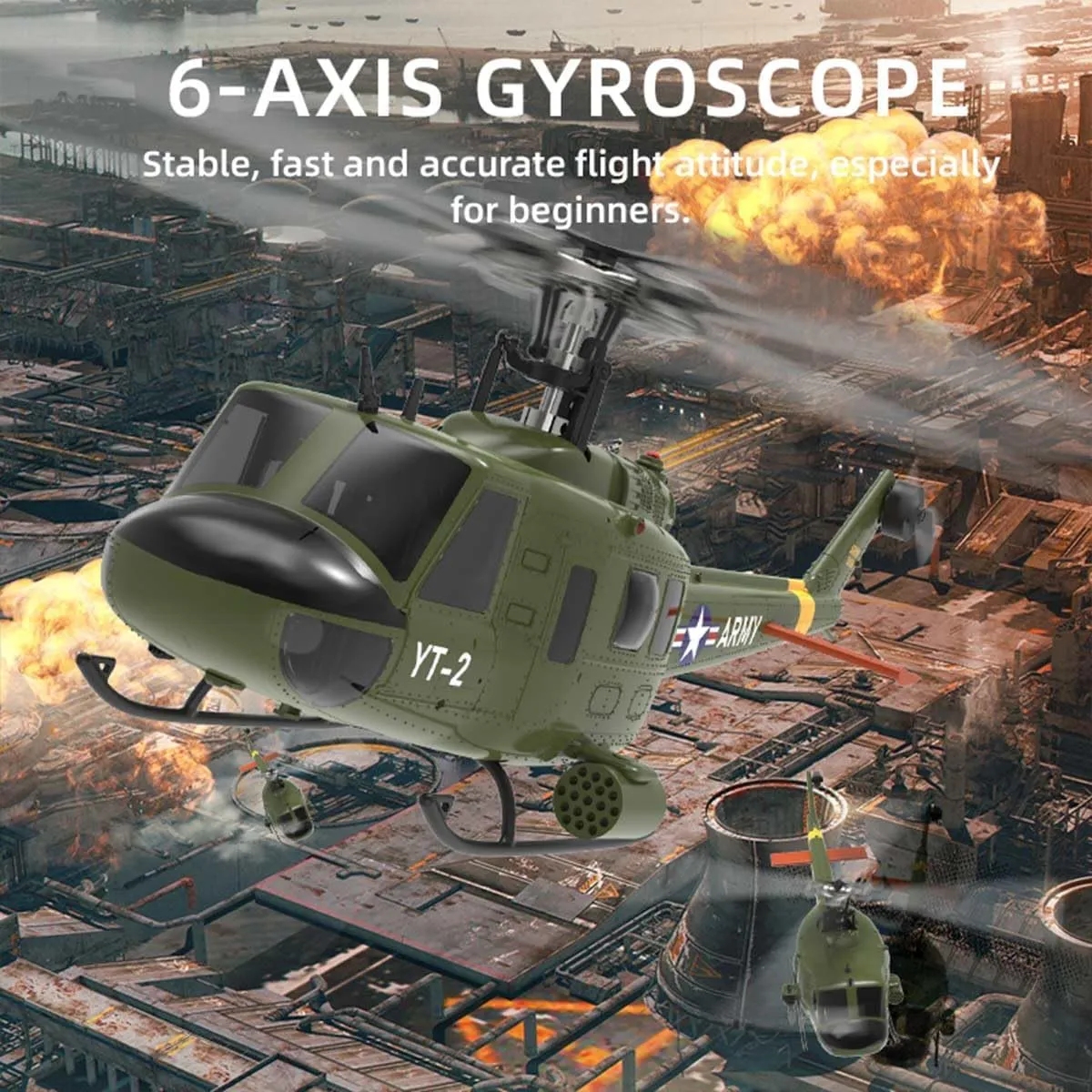 1/34 F07-V UH-1 RC Helicopter for Adults, 2.4G 6CH Brushless Direct-Drive Flybarless Military Remote Control Helicopter Mode 1/Mode 2 Switchable, RC Aircraft Toy Gift -RTF