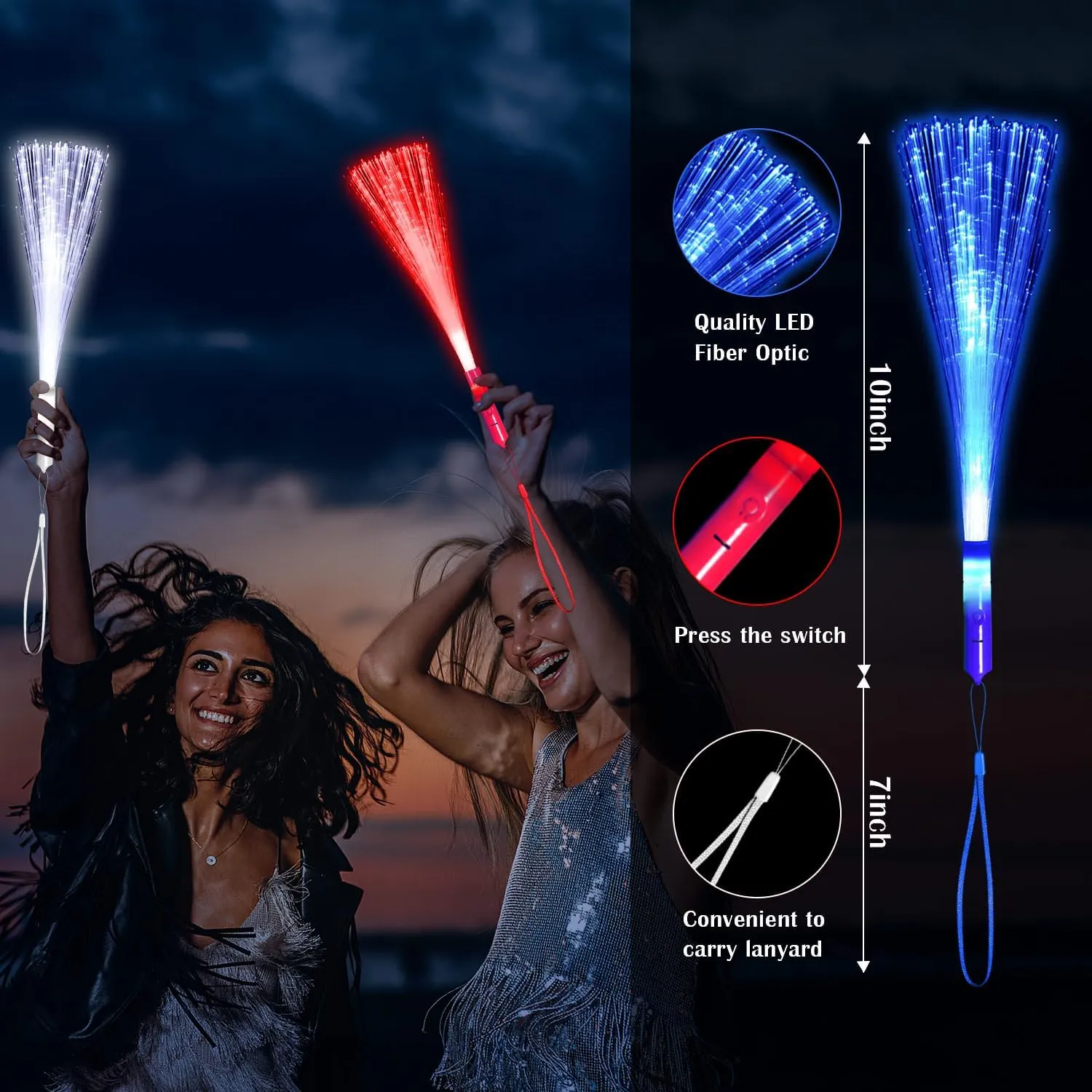 15 Pack Red Blue White Fiber Optic Wands Glow Fiber Wands Bulk LED Light Up Wands with 3 Flashing Modes LED Flashing Sticks for July 4th Halloween Wedding Birthday Carnival Bachelor Party