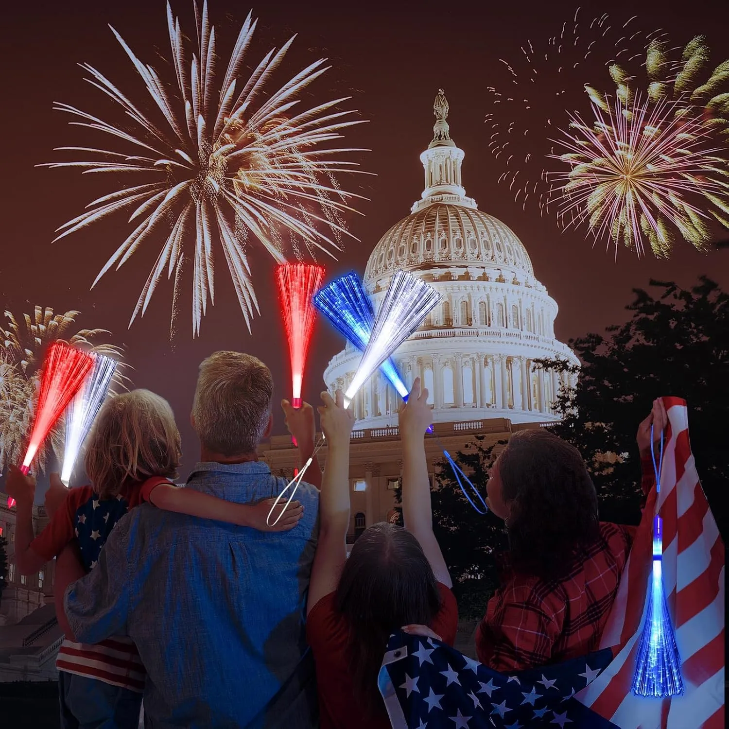 15 Pack Red Blue White Fiber Optic Wands Glow Fiber Wands Bulk LED Light Up Wands with 3 Flashing Modes LED Flashing Sticks for July 4th Halloween Wedding Birthday Carnival Bachelor Party