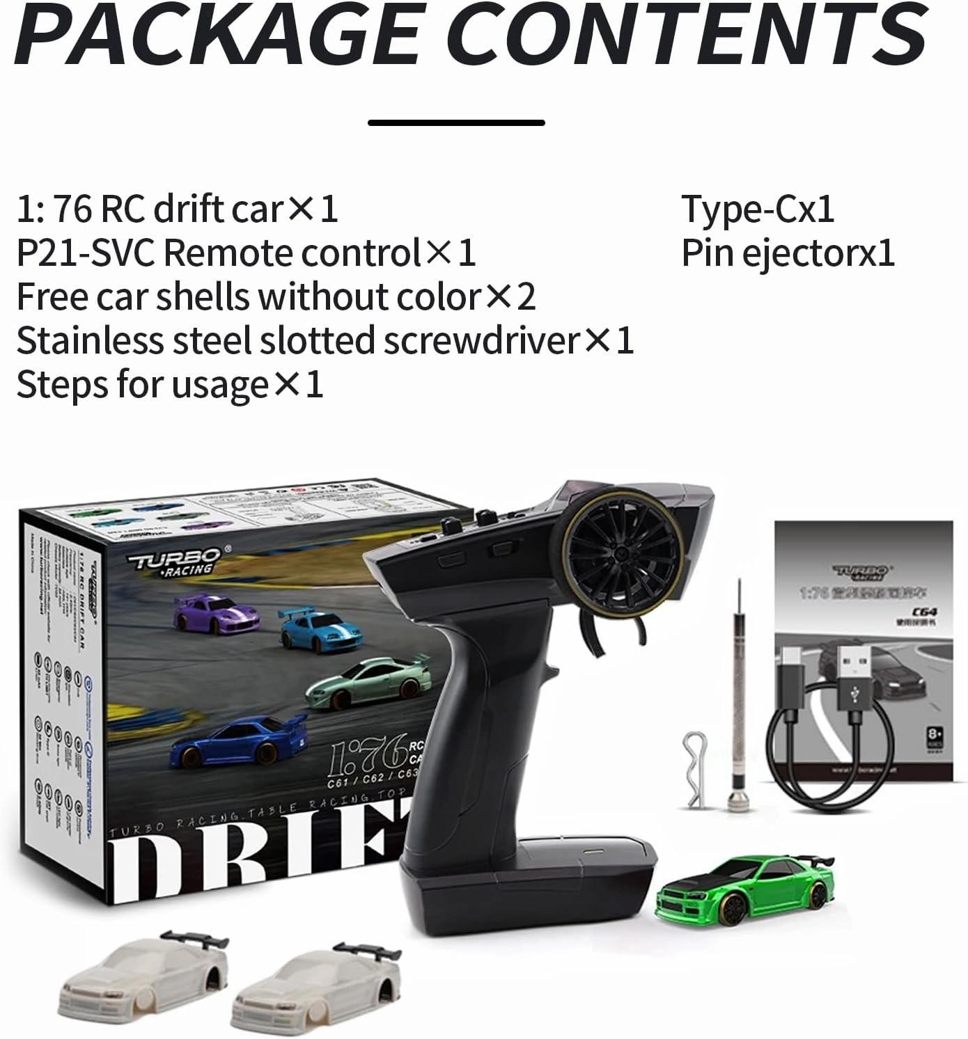 1:76 Turbo Racing Scale RC Sport Car, Table Racing Remote Control Mini Model Car Full Proportional RTR Kit Toys (C64-Green)