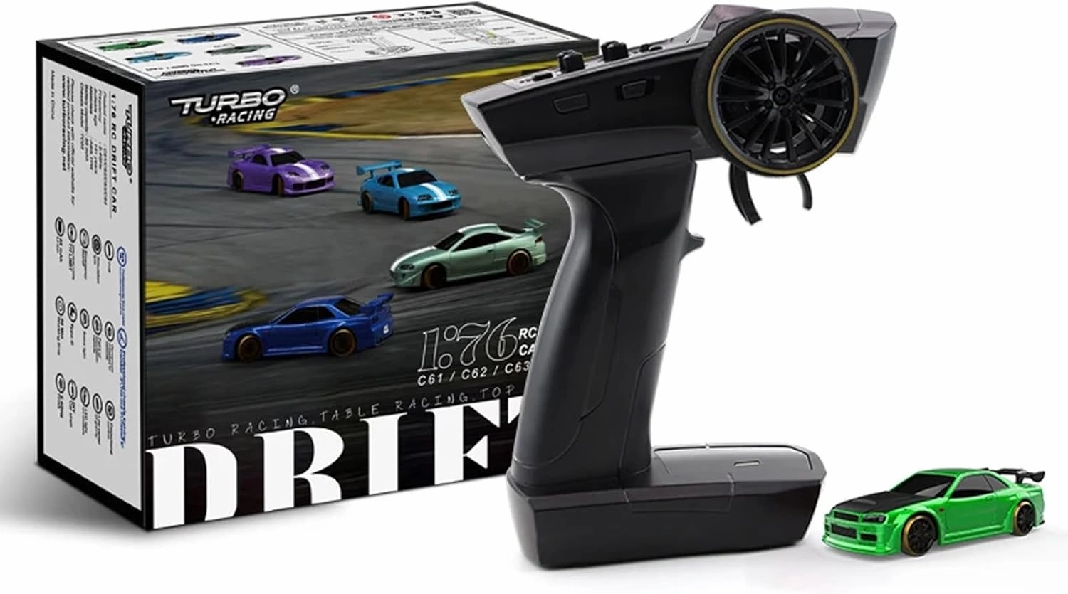 1:76 Turbo Racing Scale RC Sport Car, Table Racing Remote Control Mini Model Car Full Proportional RTR Kit Toys (C64-Green)