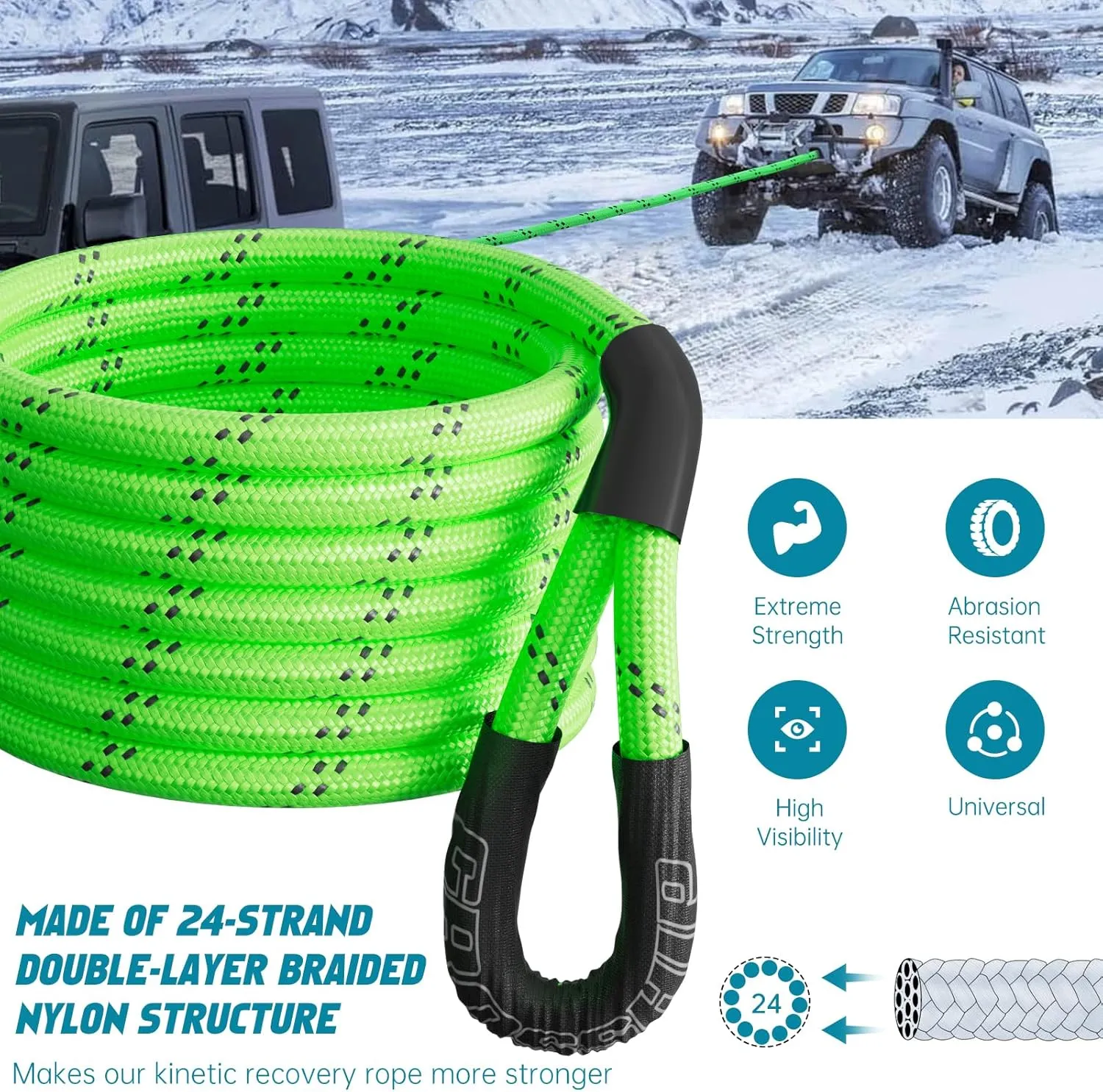 1" x 20ft Kinetic Recovery Rope - Lab-Verified 37,480lbs Break Strength - Heavy Duty Snatch Strap - for Offroad Vehicle Rescue Jeep Truck 4X4 SUV UTV Tractor(Vitality Green)