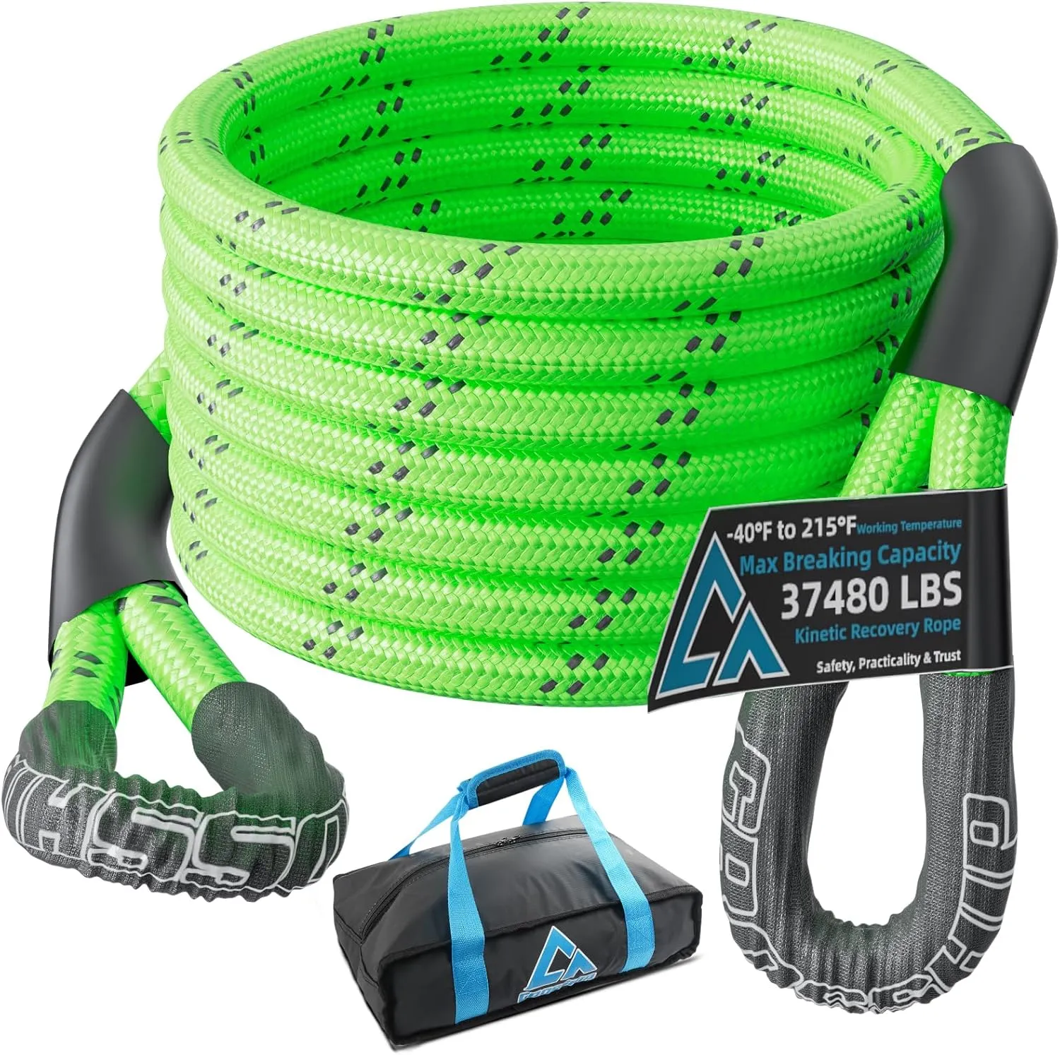 1" x 20ft Kinetic Recovery Rope - Lab-Verified 37,480lbs Break Strength - Heavy Duty Snatch Strap - for Offroad Vehicle Rescue Jeep Truck 4X4 SUV UTV Tractor(Vitality Green)