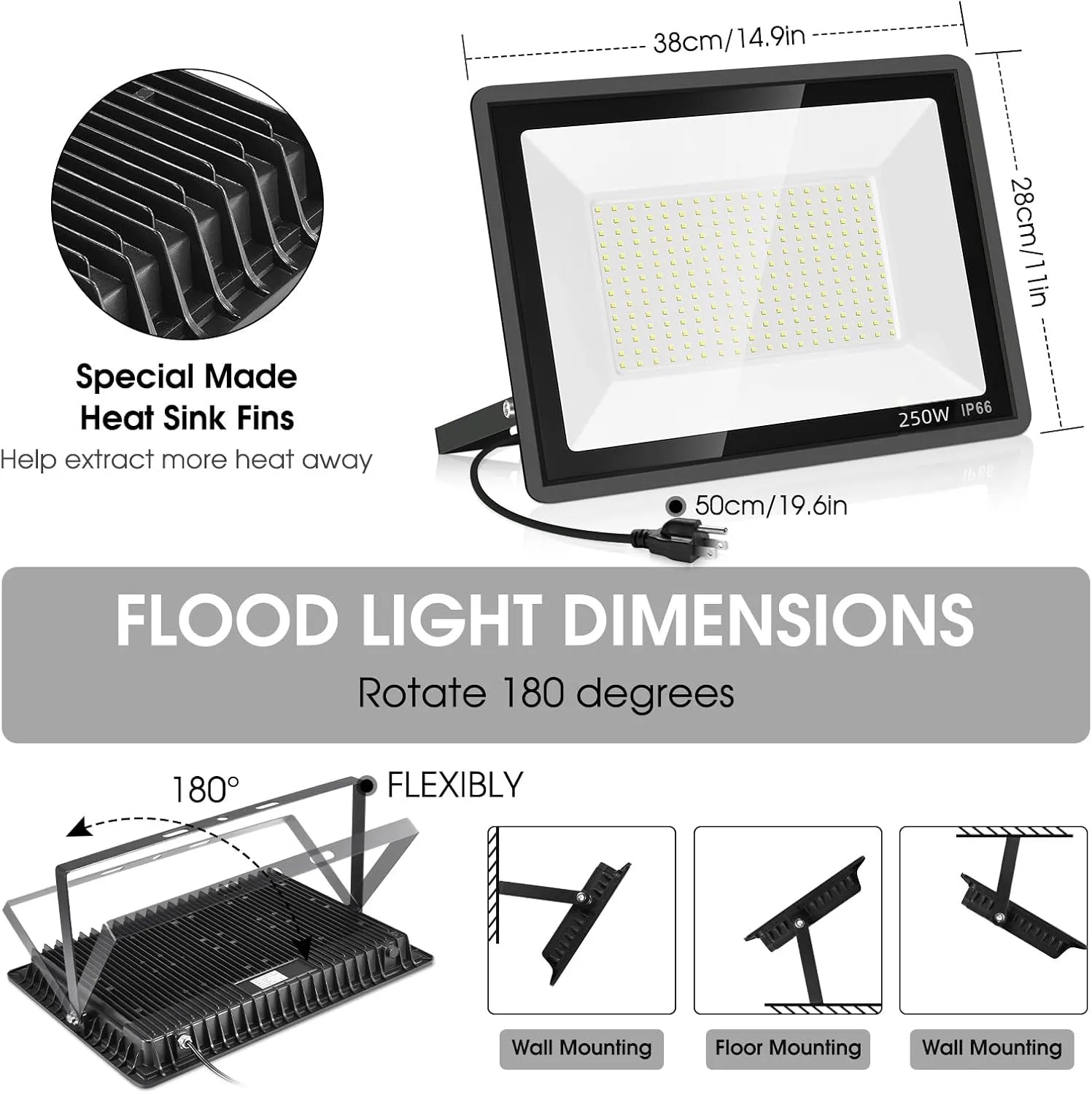 2 Pack 250W Led Flood Lights Outdoor,Super Bright 37000LM Security Lights with Plug,Exterior IP66 Waterproof 5000K Daylight White FloodLight for Basketball Court, Yard, Garden,Parking lot etc