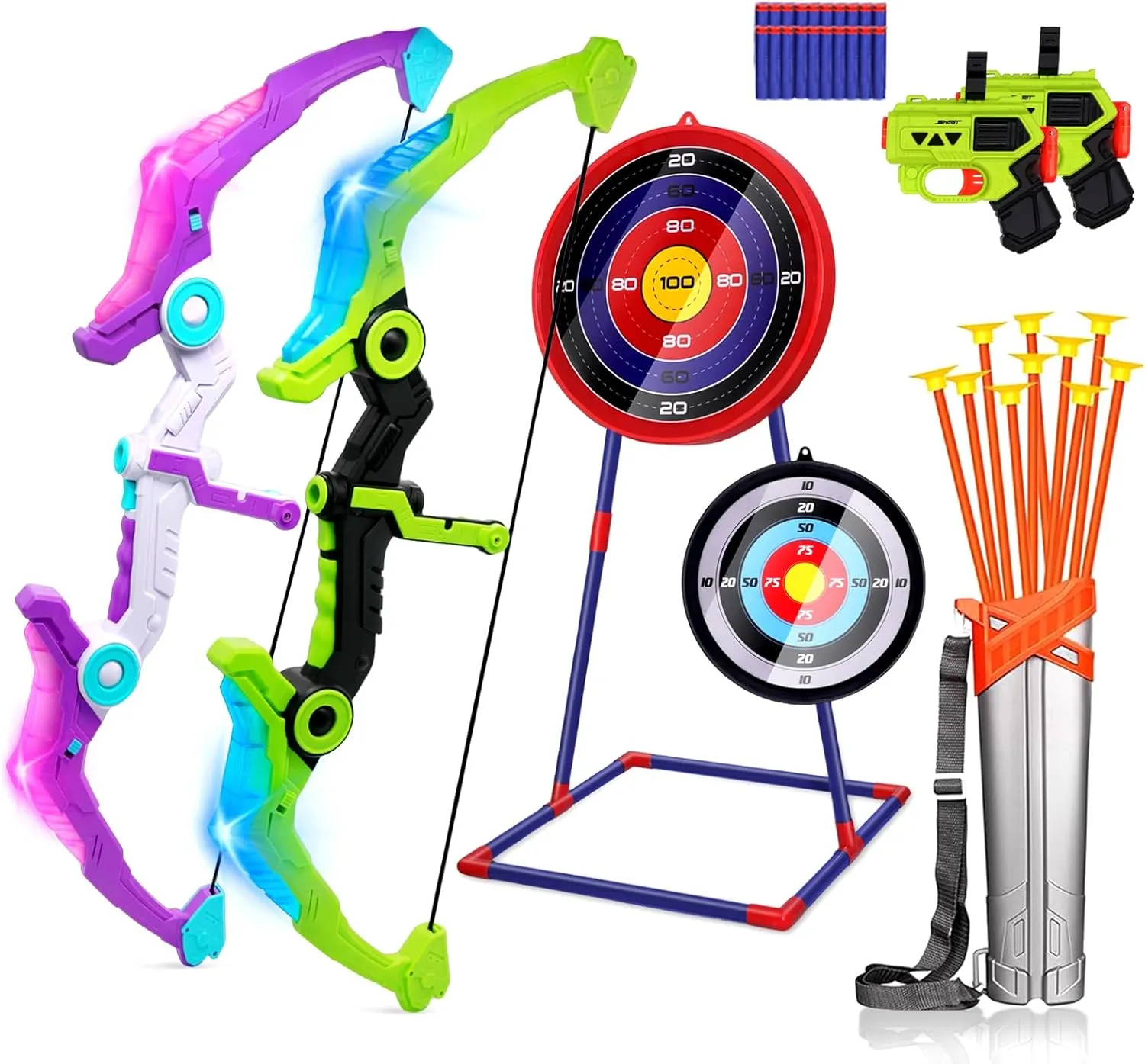 2 Pack Bow and Arrow for Kids 8-12, Kids Bow and Arrow Set with 10 Suction Cup Arrows, 2 Archery Target & 1 Quiver, Archery Set for Kids Girls Boys Birthday Toys