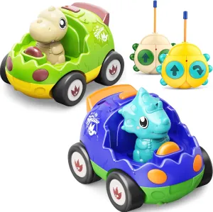 2 Pack Dinosaur Toys Remote Control Cars for Toddlers Ages 2 3 4 5 6, Christmas Birthday Gifts for 2-5 Year Old Boys, Dinosaur RC Car Toys with Music and Lights (Green Blue)