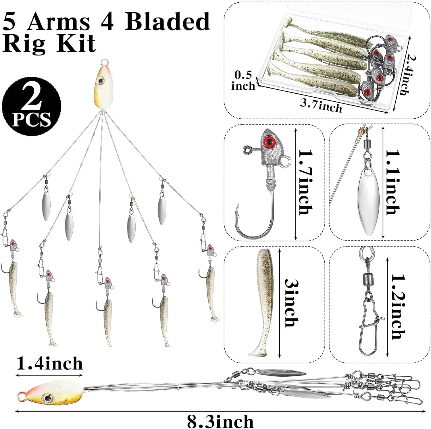 2 Pcs Umbrella Rig Fishing Lure Bass Bait Kit 5 Arms Baits Multi Lure Rigs for Trout Perch Walleye Freshwater Saltwater Boat Trolling